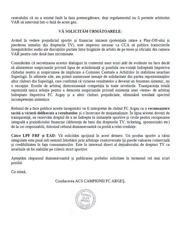 635147606 1505939918200324 5185947787179480495 n - Demers oficial: FC Argeș solicită CCA publicarea dialogurilor dintre arbitri și VAR