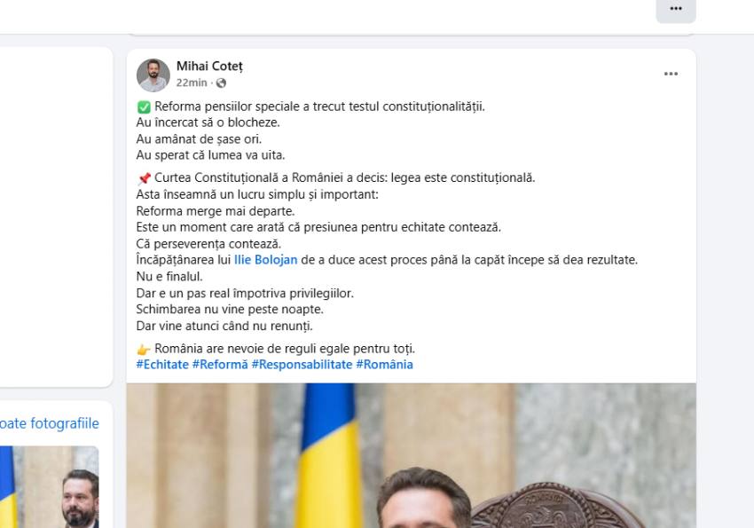 Reforma pensiilor speciale, declarată constituțională! Mihai Coteț: „Este un pas real împotriva privilegiilor” 1 Sursă foto: screenshot fb Mihai Cotet
