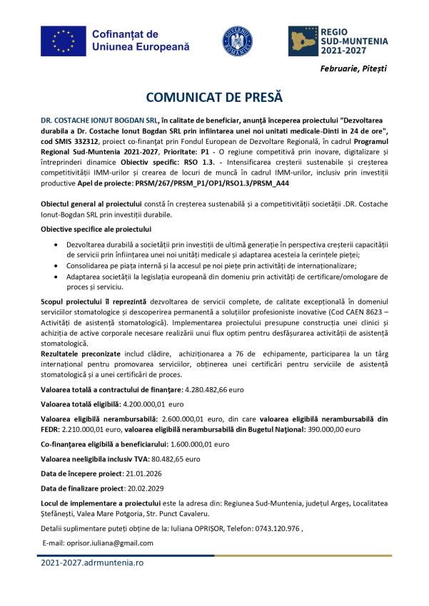 comunicat presa PR SM 2021 2027 1 page 0001 - Comunicat de presă: Începerea proiectului “Dezvoltarea durabilă a Dr. Costache Ionuț Bogdan SRL prin înființarea unei noi unități medicale-Dinți în 24 de ore"