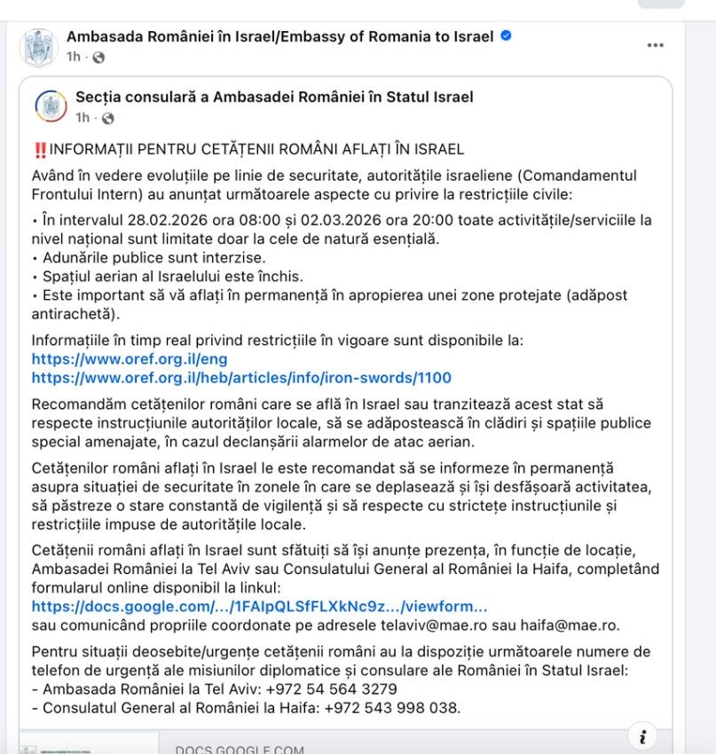 2 numere de urgență pentru românii din Israel: ce măsuri sunt valabile până pe 2 martie 2026? 1 Sursă foto:FB Ambasada României în Israel