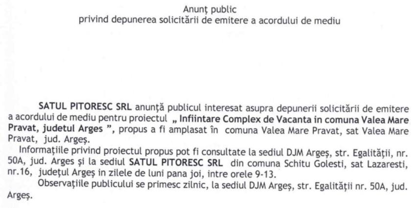 - Anunț public privind depunerea solicitării de emitere a acordului de mediu