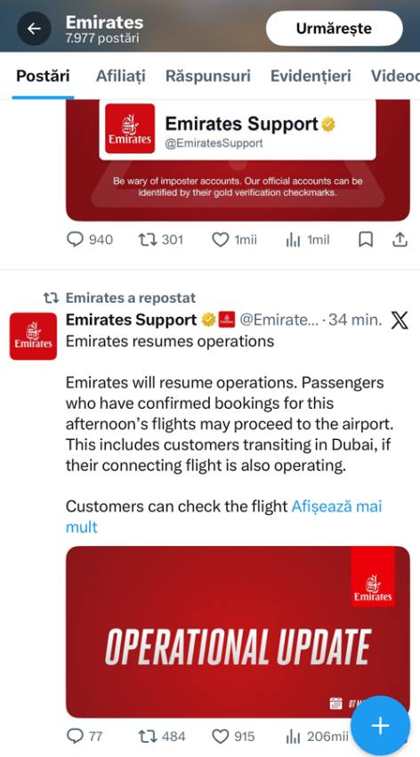 emirate anunt 2 - Operațiune de interceptare: ce s-a întâmplat pe aeroportul din Dubai? Se reiau zborurile Emirates?