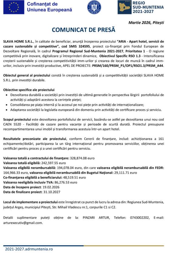 comunicat presa PR SM 2021 2027 - COMUNICAT DE PRESĂ: Începerea proiectului “ARIA - Apart hotel, servicii de cazare sustenabile și competitive”
