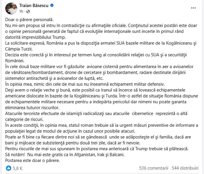 Traian Băsescu spune că Iranul ar putea lovi bazele de la Kogălniceanu şi Turda 1 Mesajul lui Traian Băsescu