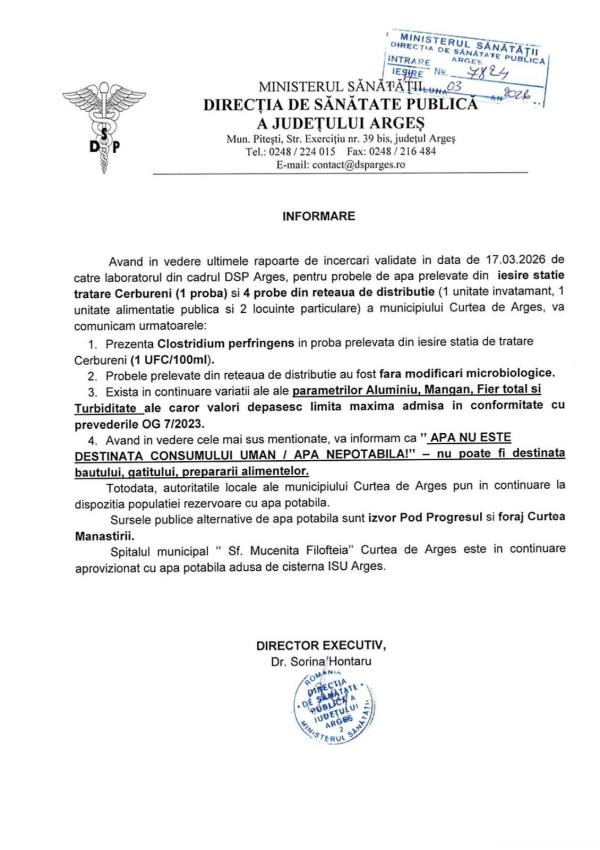 Informare DSP apă Curtea de Argeș