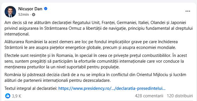 România se alătură alianței pentru securizarea Strâmtorii Ormuz! Mesajul lui Nicușor Dan 1 Mesajul publicat de președintele Nicușor Dan