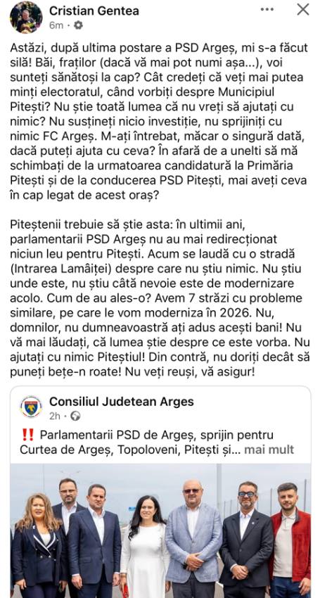 gentea suparat pe psd arges - De ce spune primarul că în ultimii ani au ajuns 0 lei la Pitești, iar PSD Argeș anunță acum 4 proiecte de 14 milioane lei? Cristian Gentea: ”Mi s-a făcut silă!”