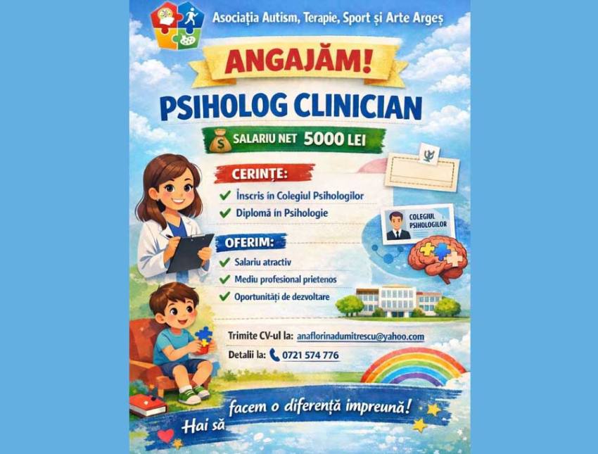 deschidere ats - 1 post disponibil – Te califici? Asociația Autism, Terapie, Sport și Arte Argeș angajează psiholog clinician!