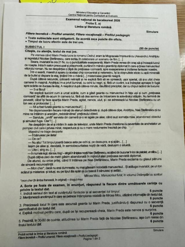 Simulare BAC 2026, Limba română: au apărut subiectele! Ce au avut de rezolvat elevii 3 Simulare la BAC 2026, subiectele la profilul uman.