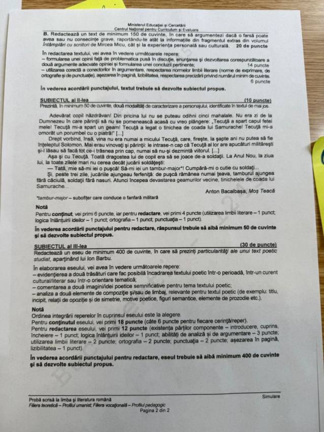 Simulare BAC 2026, Limba română: au apărut subiectele! Ce au avut de rezolvat elevii 4 Simulare la BAC 2026, subiectele la profilul uman.