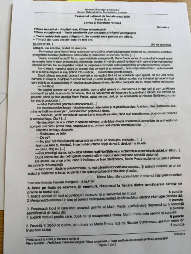 Simulare BAC 2026, Limba română: au apărut subiectele! Ce au avut de rezolvat elevii 1 Simulare la BAC 2026, subiectele la profilul real