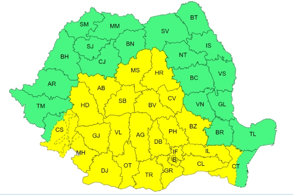Cod galben de vreme rea! Județul Argeș, printre zonele vizate 1 Hartă ANM, Cod galben