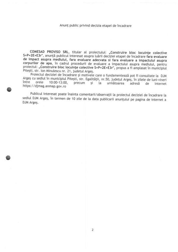 Anunț public privind decizia etapei de încadrare 1 Anunt public privind decizia etapei de incadrare COMESAD PROVISO - Anunț public privind decizia etapei de încadrare