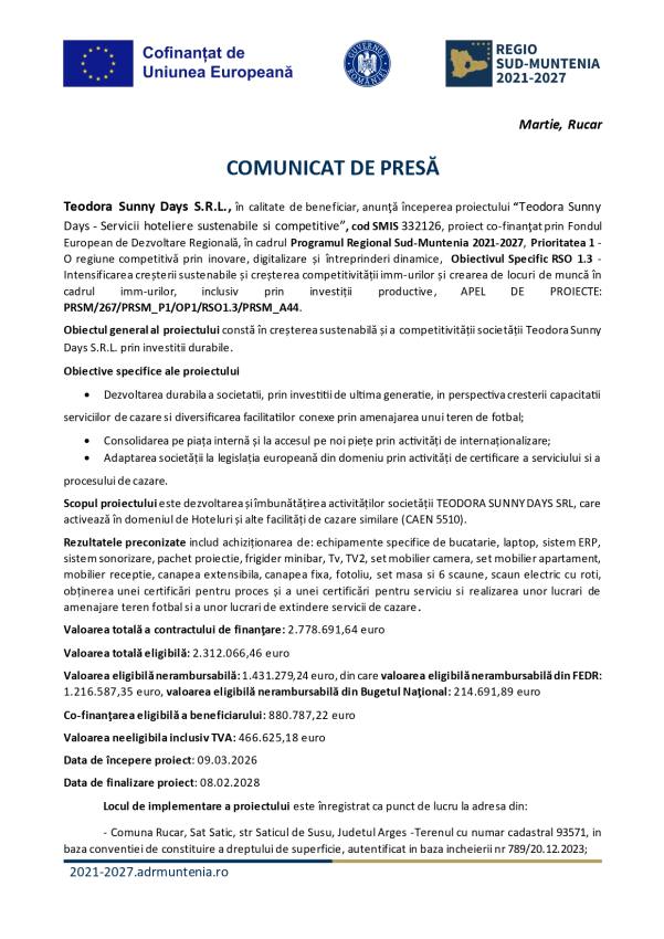 comunicat presa PR SM 2021 2027 Teodora Sunny Days 1 page 0001 - COMUNICAT DE PRESĂ: Începerea proiectului „Teodora Sunny Days - Servicii hoteliere sustenabile si competitive”
