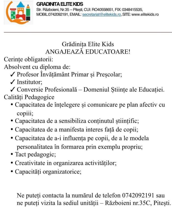 1 - Grădinița ELITE KIDS angajează EDUCATOARE
