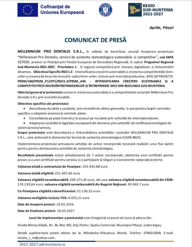 COMUNICAT DE PRESĂ: Începerea proiectului “Millennium Pro Dentalis, servicii de asistență stomatologică sustenabile și competitive” 1 Untitled - COMUNICAT DE PRESĂ: Începerea proiectului “Millennium Pro Dentalis, servicii de asistență stomatologică sustenabile și competitive”
