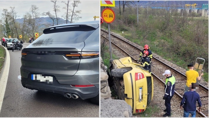 36D1026F DBD3 424B BD38 71EB316E270D - Accident grav pe DN 7. Mașină răsturnată lângă calea ferată