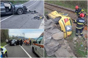 page - Accident grav pe DN 7. Mașină răsturnată lângă calea ferată