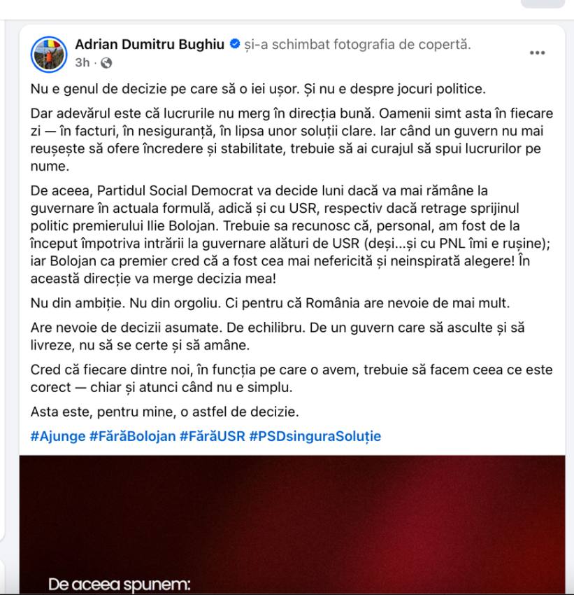 Sursă foto: screenshot FB Adrian Dumitru Bughiu
