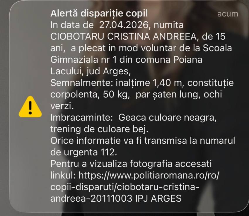 WhatsApp Image 2026 04 27 at 11.46.27 - Alertă în Argeș! O adolescentă de 14 ani a plecat de la școală și este de negăsit