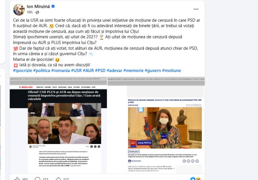 Sursă foto: screesnhot FB Ion Minzina