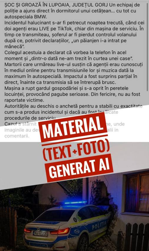 Fake news viral cu o mașină de poliție intrată într-o casă