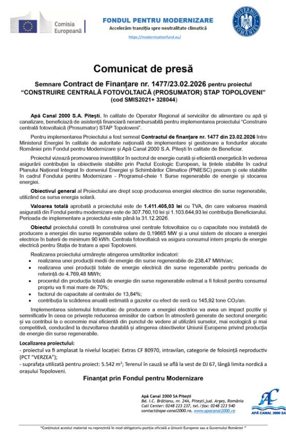 comunicat centrala fotovoltaica topoloveni mai2026 - Proiect de peste 1,4 milioane de lei la Topoloveni. Apă Canal va produce energie electrică din surse solare