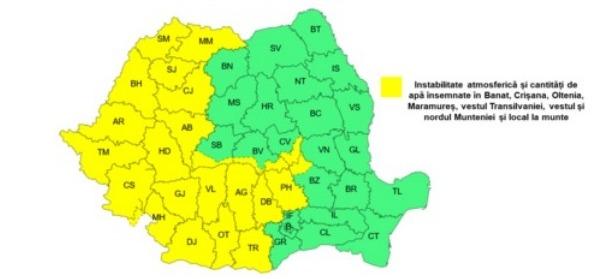 avertizare anm cod galben de ploi descarcari electrice si vijelii in aproape jumatate de tara harta zonelor afectate 1067459 - Argeșul și alte județe din țară se află sub cod galben de ploi torențiale