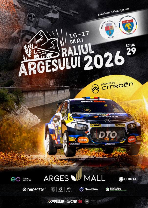 Afis Raliul Argesului 2026 - Cei mai rapizi piloți din România se întrec la Raliul Argeșului. 55 de echipaje la start