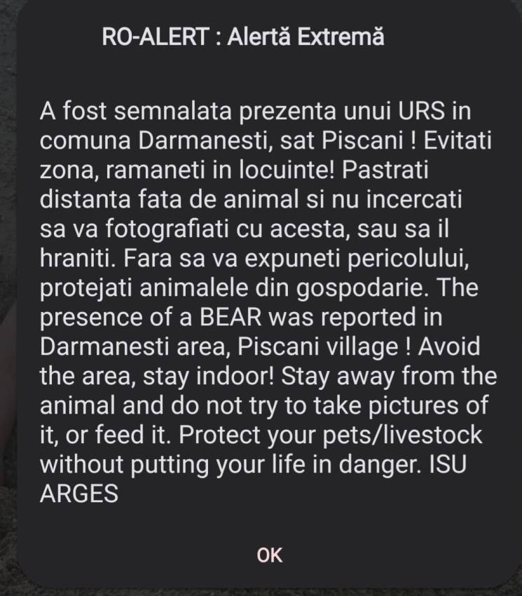 Mesaj RO-Alert urs Dârmănești