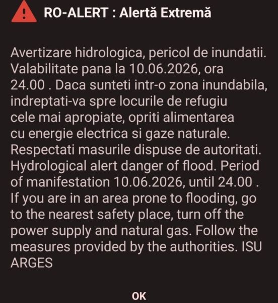 Mesaj RO-Alert, pericol de inundații în Argeș