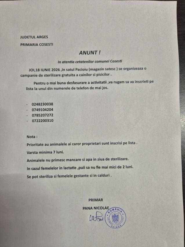 Campanie gratuită de sterilizare a câinilor și pisicilor în comuna Coșești 1 la Coșești