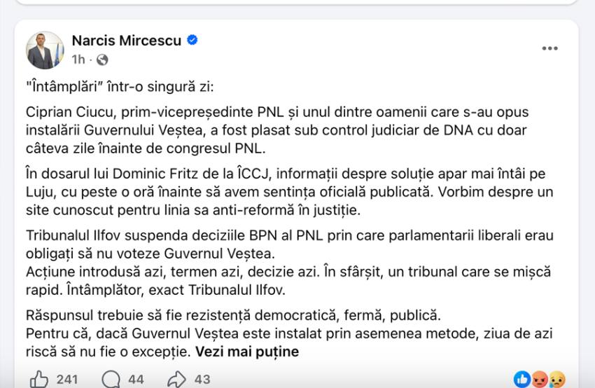 narcis mircescu 1 - Narcis Mircescu, despre „întâmplări” politice și juridice: Dacă Guvernul Veștea este instalat prin asemenea metode, ziua de azi riscă să nu fie o excepție