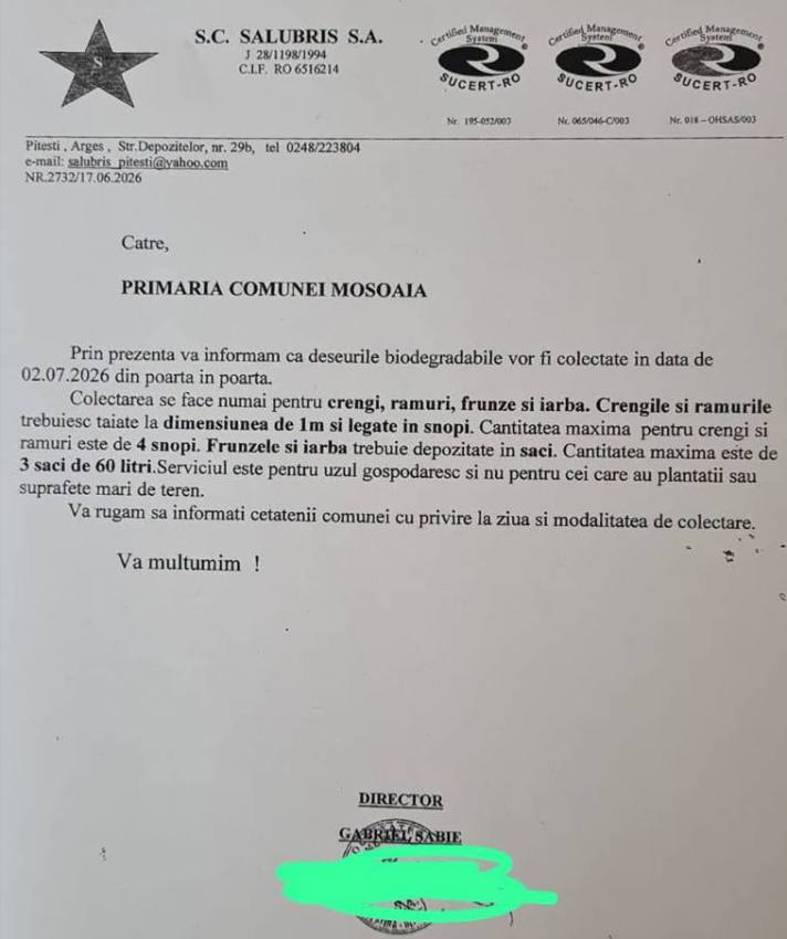 Campanie de colectare a deșeurilor vegetale în comuna Moșoaia 1 anunt Mosoaia