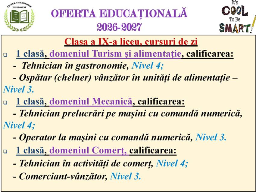 LTT Oferta Educationala 02 05 - LICEUL TEHNOLOGIC TOPOLOVENI: Comerț, Gastronomie și Mecanică – calificări cerute pe piața muncii