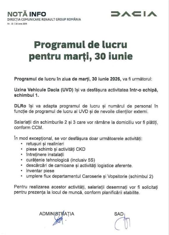 Program Dacia 30 iunie