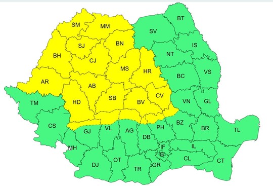 harta1 - Vreme la extreme în România! După caniculă, furtunile vor lovi mai multe regiuni