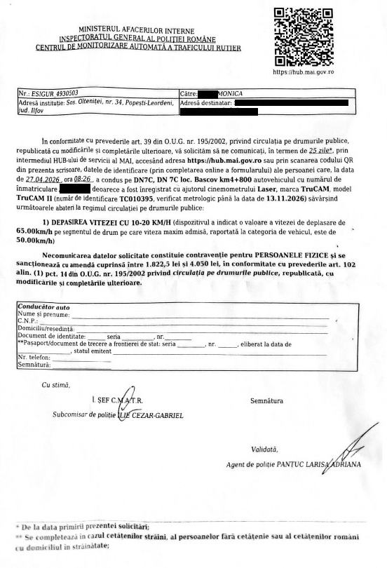 Solicitare Politie la materialul cu sesizare Armencea - Poliția cere identificarea șoferului, platforma solicită datele cardului