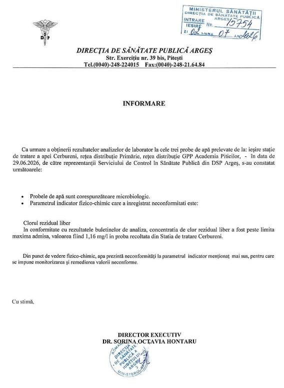 Rezultate DSP apă Curtea de Argeș