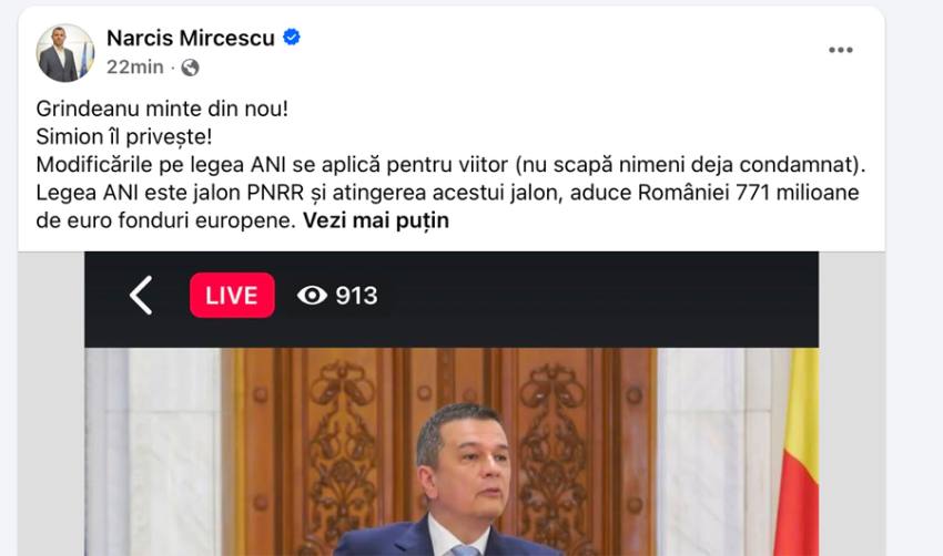 Replica dură din Argeș: „Grindeanu minte din nou!” ! Legea ANI nu îi ajută pe cei deja condamnați 1 Sursă foto: screenshot FB Narcis Mircescu