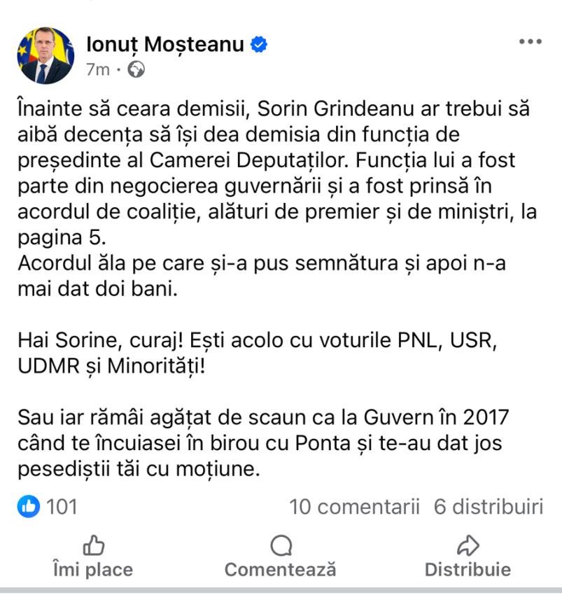 Ionut Mosteanu demisia lui Grindeanu - Ionuț Moșteanu îi cere demisia lui Sorin Grindeanu din fruntea Camerei Deputaților: „Hai, Sorine, curaj!”