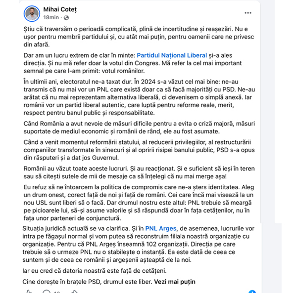 mihai cotet astazi cine vrea la psd sa plece - Mihai Coteț: „Cine dorește în brațele PSD, drumul este liber”. Senatorul PNL spune că partidul și-a ales direcția