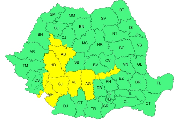 harta anm 1 - Cod galben în Argeș emis de ANM. Când sunt așteptate cele mai puternice fenomene