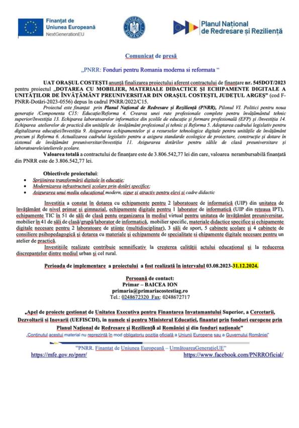 anunt costesti 2 - Comunicat de presă - „PNRR: Fonduri pentru România modernă și reformată“
