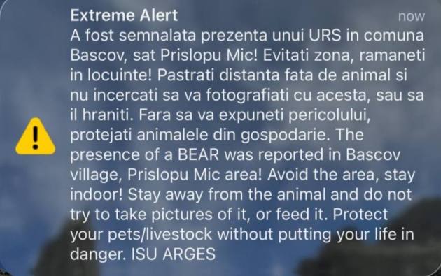 Mesaj RO-Alert urs Bascov