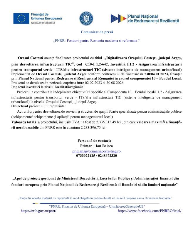 Comunicat presa finalizare Digitalizare - Comunicat de presă: finalizarea proiectului „Digitalizarea Orașului Costești, județul Argeș, prin dezvoltarea infrastructurii TIC”