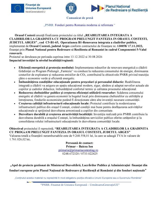 Comunicat presa finalizare Reabilitare Gradinita 1 - Comunicat de presă: Finalizare proiect ,,REABILITAREA INTEGRATĂ A CLĂDIRILOR LA GRADINIȚA CU PROGRAM PRELUNGIT FANTEZIA ÎN ORAȘUL COSTEȘTI, JUDEȚUL ARGEȘ”