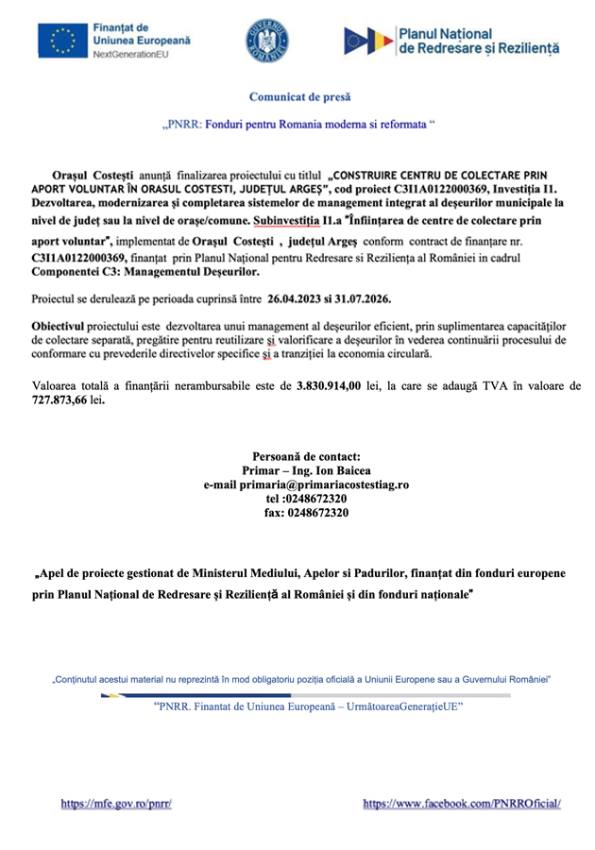 anunt 3 -  Comunicat de presă - „PNRR: Fonduri pentru Romania moderna si reformata “