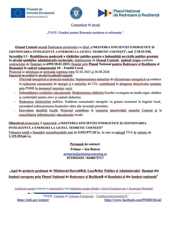 poza scoala copstesti -  Comunicat de presă - „PNRR: Fonduri pentru Romania moderna si reformata “