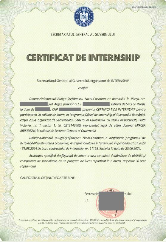 Mândria Piteștiului! O absolventă a Colegiului Brătianu, în topul admiterii la Facultatea de Drept 2 Certificat internship - Mândria Piteștiului! O absolventă a Colegiului Brătianu, în topul admiterii la Facultatea de Drept